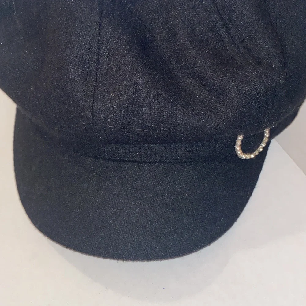 Black with Embellished Stones on the side Newsboy Cap Elastic band OS
